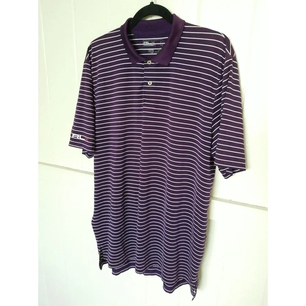 RLX Ralph Lauren Logo Polo Golf Shirt Mens L Purple Short Sleeve Striped